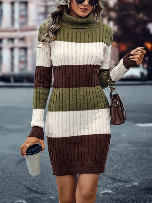 Sixsr Color Block Striped Sweater Dress, Casual Turtleneck Long Sleeve Dress, Women's Clothing