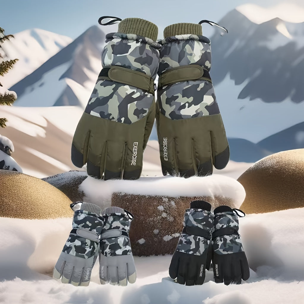 1 Pair Camouflage Ski Gloves for Men, Touchscreen Compatible, Windproof Waterproof Full-Finger Cycling Running Sports Winter Gloves with Fleece Lining, Hand Washable - Polyester Fiber