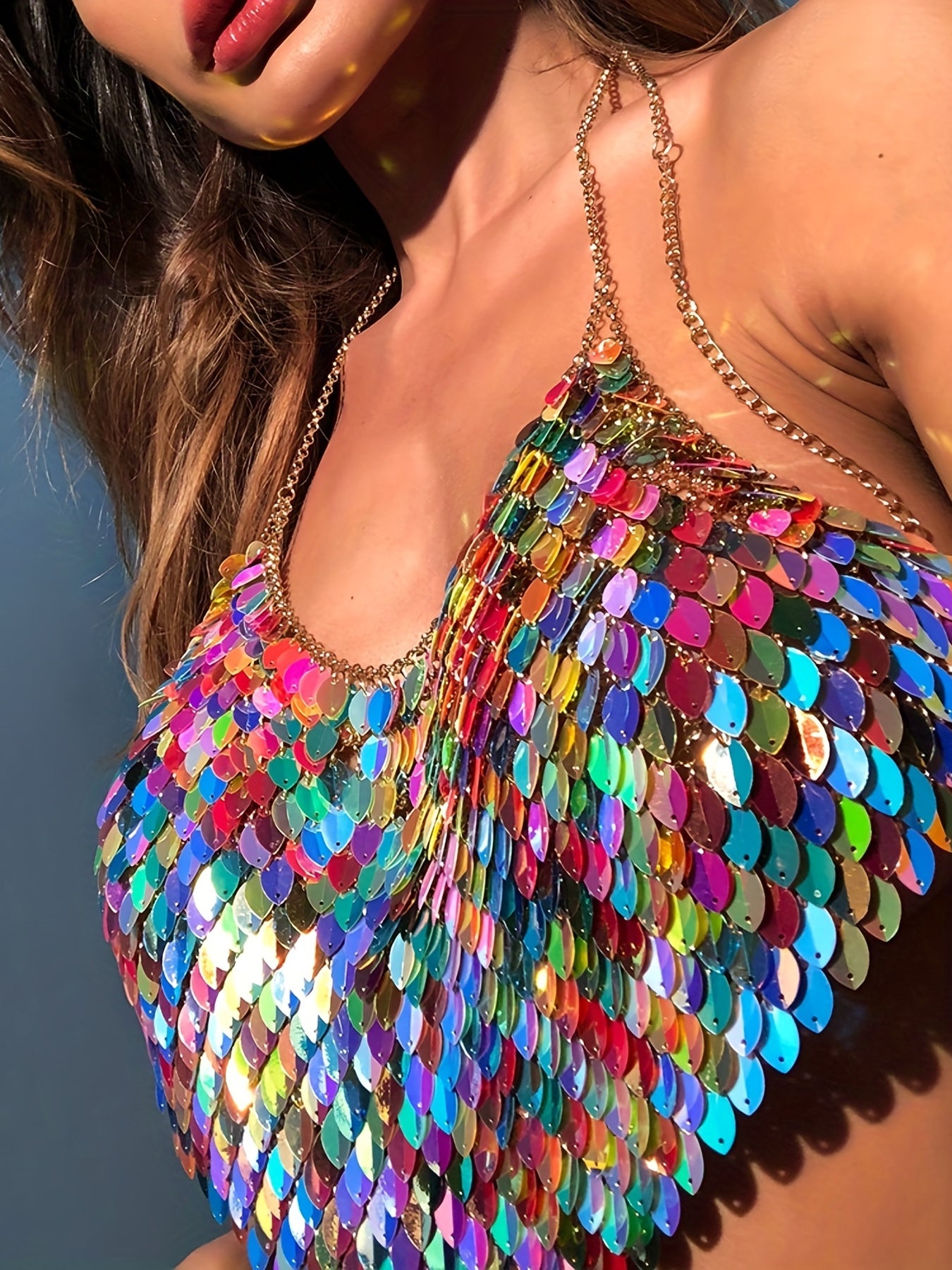 Sixsr  Colorful Sequined Halter Neck Top, Sexy Backless Hanky Hem Crop Club Top, Women's Clothing