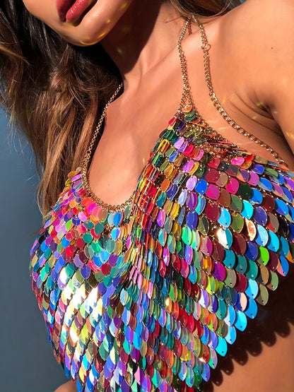 Sixsr  Colorful Sequined Halter Neck Top, Sexy Backless Hanky Hem Crop Club Top, Women's Clothing