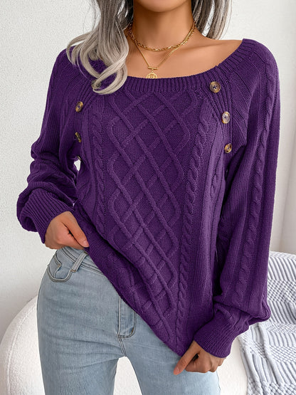 Cozy Women's Sweater with Textured Button Lantern Sleeves