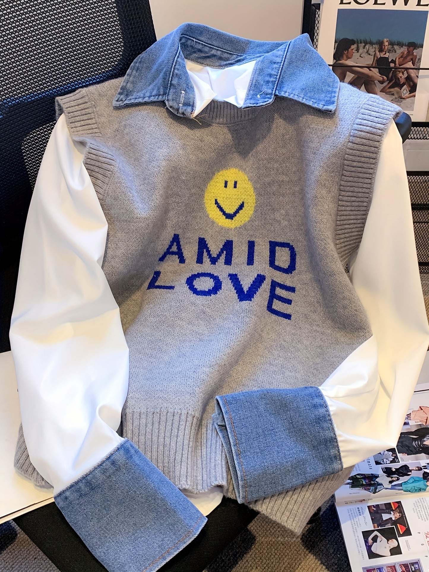 Sixsr Smile Face & Letter Print Sweater Vest, Casual Sleeveless Vest For Fall & Winter, Women's Clothing