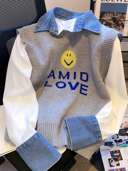 Sixsr Smile Face & Letter Print Sweater Vest, Casual Sleeveless Vest For Fall & Winter, Women's Clothing