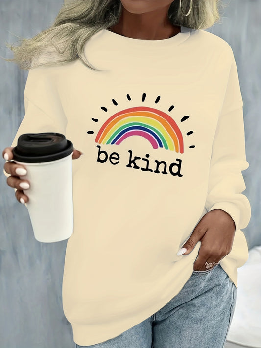 Sixsr Plus Size Casual Sweatshirt, Women's Plus Rainbow & Slogan Print Long Sleeve Round Neck Slight Stretch Sweatshirt