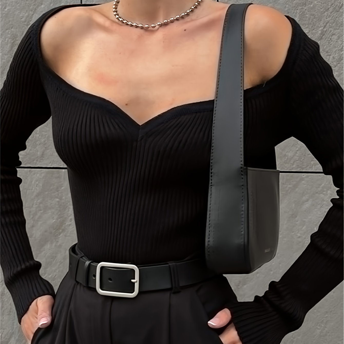 Sixsr Solid Sweetheart Neck Slim Sweater, Versatile Long Sleeve Knitted Top For Fall & Winter, Women's Clothing