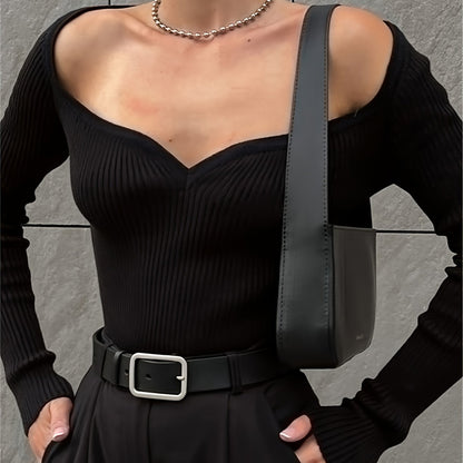 Sixsr Solid Sweetheart Neck Slim Sweater, Versatile Long Sleeve Knitted Top For Fall & Winter, Women's Clothing