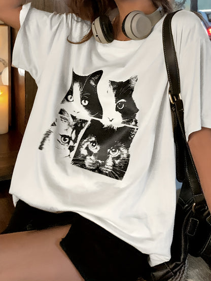 Sixsr Cat Print Crew Neck T-Shirt, Y2K Short Sleeve T-Shirt For Spring & Summer, Women's Clothing