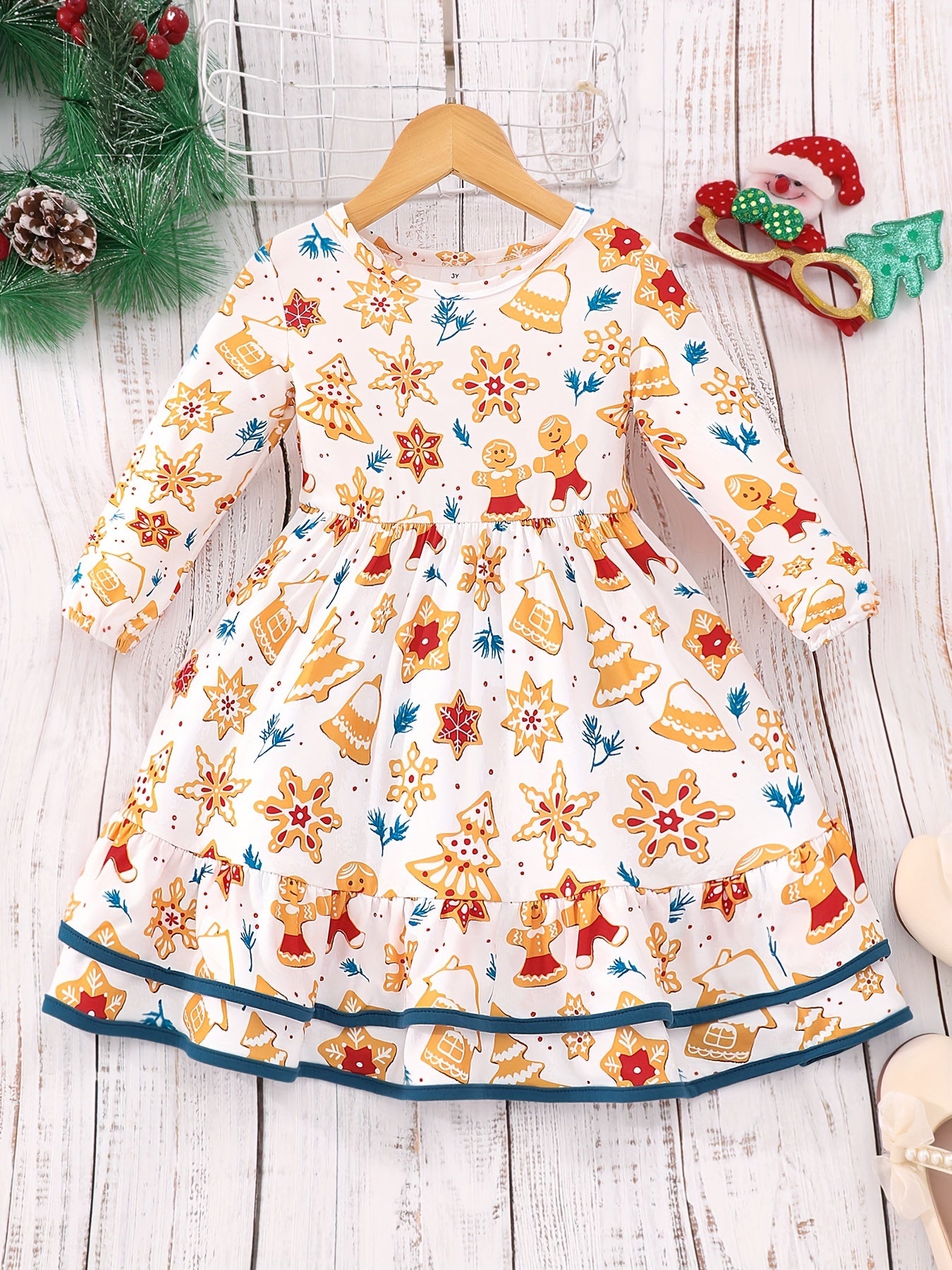 Long Sleeve Girls Stylish Dress with Allover Leaves/Houses/Animals/Cartoon/Santa Claus/Plaid Pattern and Layered Hem for Fall & Winter Christmas Party