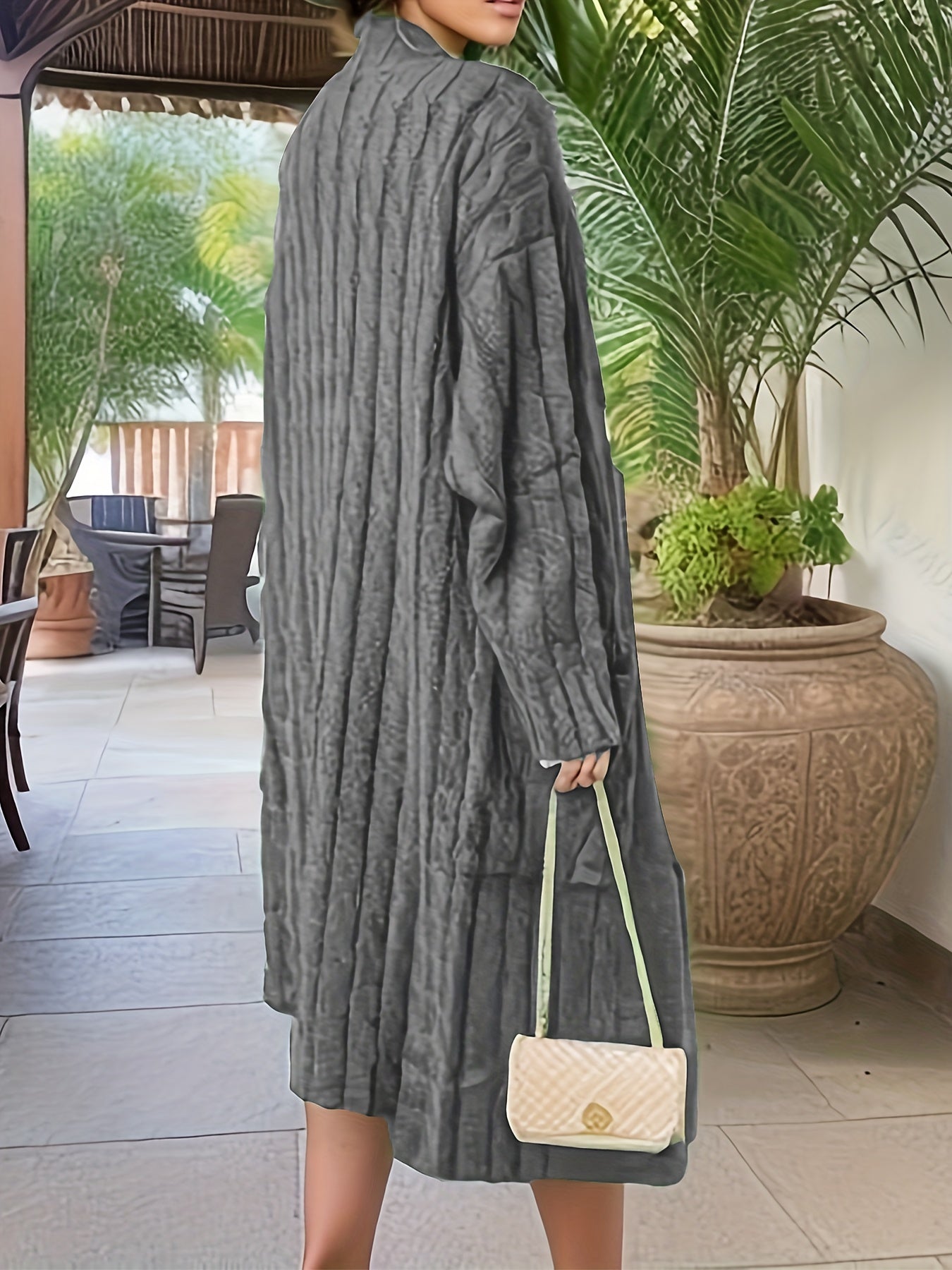 Sixsr Plus Size Elegant Sweater Cardigan, Women's Plus Cable Knit Open Front Long Sleeve High Stretch Cardigan With Pockets