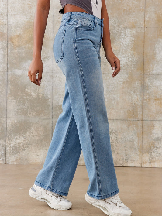Sixsr Washed Loose Fit Straight Jeans, Slant Pockets Non-Stretch Casual Denim Pants, Women's Denim Jeans & Clothing
