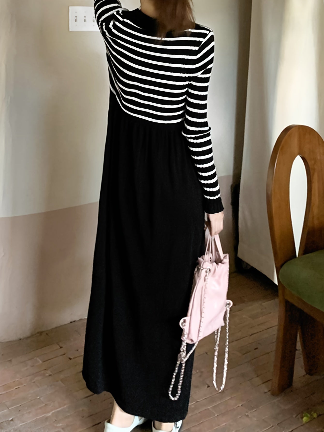 Contrast Stripe Notch Neck Knitted Dress, Casual Long Sleeve Sweater Dress, Women's Clothing