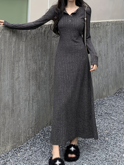 Sixsr Button Front Lapel Neck Ribbed Dress, Chic Solid Color Long Sleeve Dress For Fall & Winter, Women's Clothing