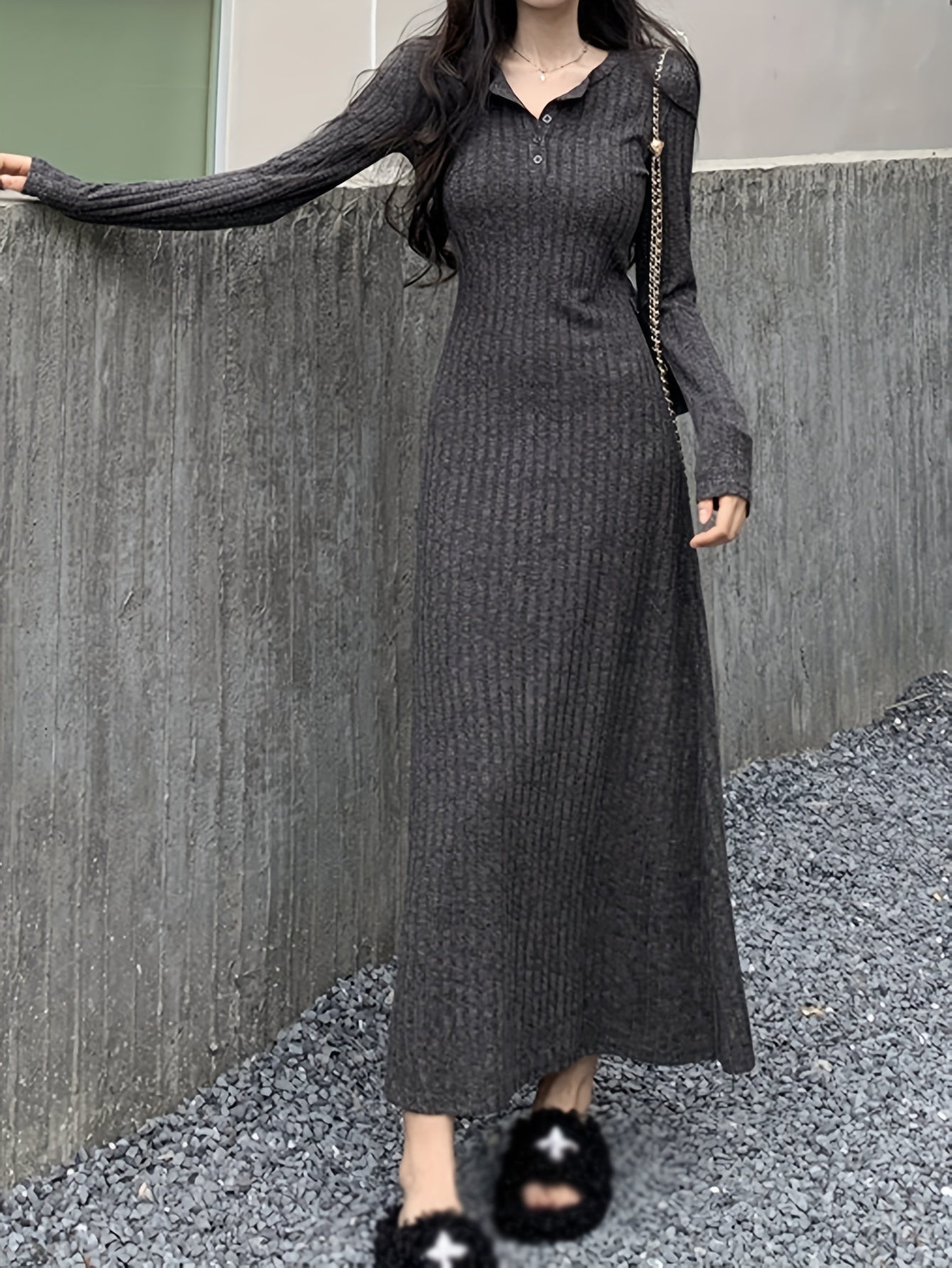 Sixsr Button Front Lapel Neck Ribbed Dress, Chic Solid Color Long Sleeve Dress For Fall & Winter, Women's Clothing