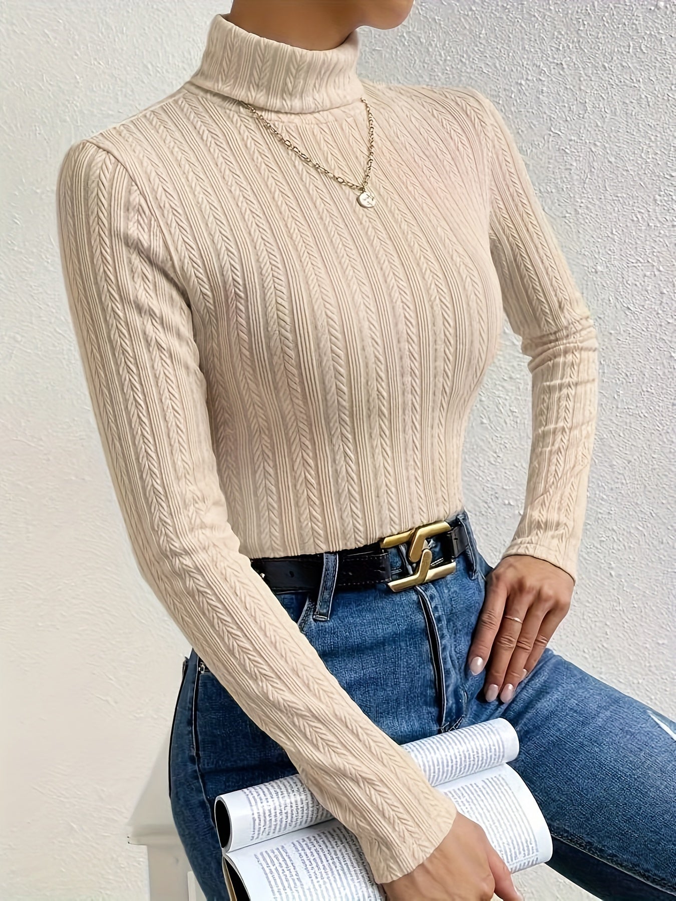 Sixsr Solid Turtleneck Textured T-shirt, Versatile Long Sleeve Slim T-shirt For Fall & Winter, Women's Clothing