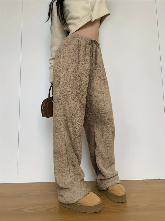 Sixsr Solid Teddy Drawstring Pants, Casual Straight Leg High Waist Pants, Women's Clothing