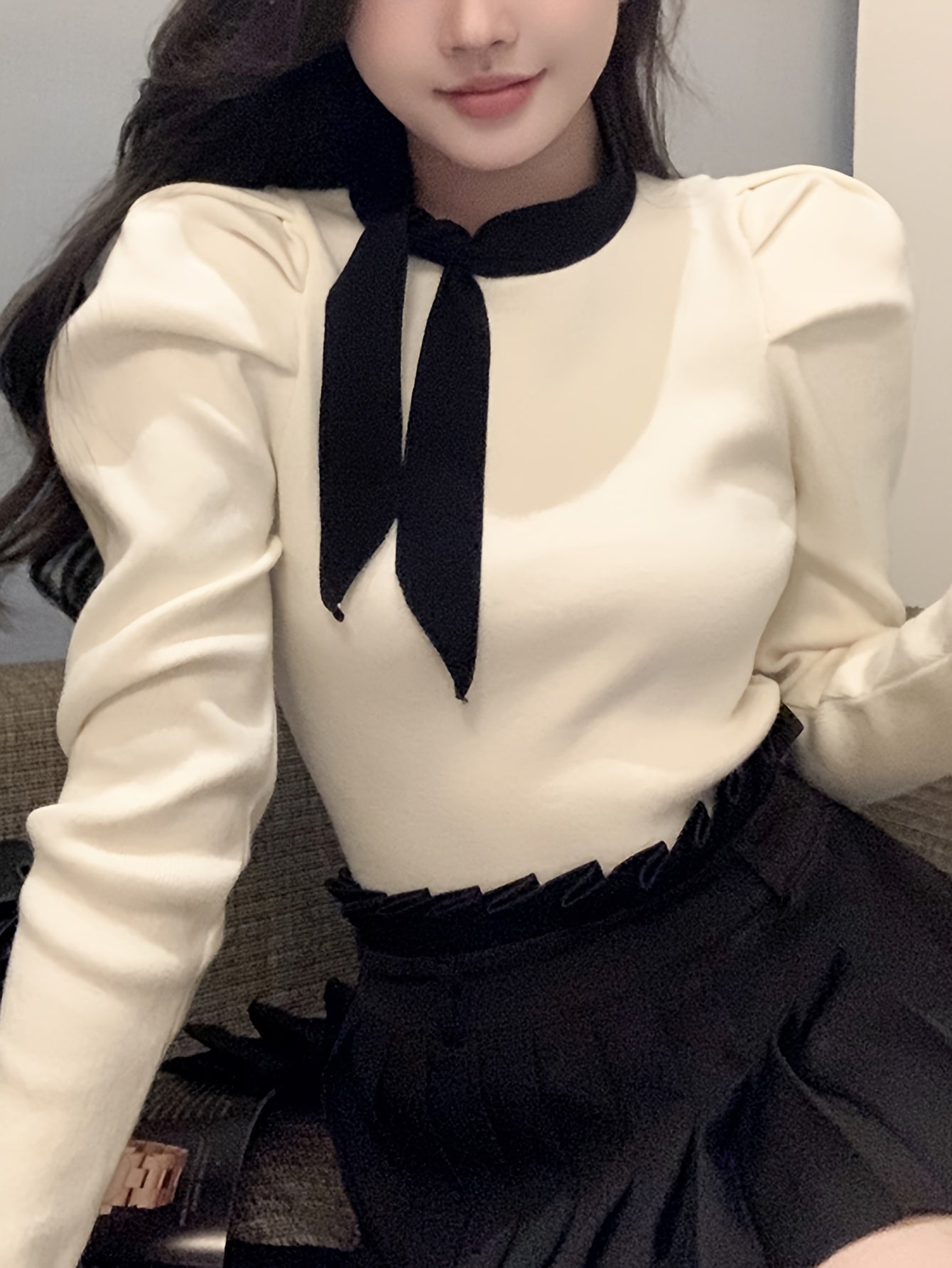 Sixsr Contrast Trim Crew Neck Knit Sweater, Casual Long Sleeve Ruched Sweater, Women's Clothing