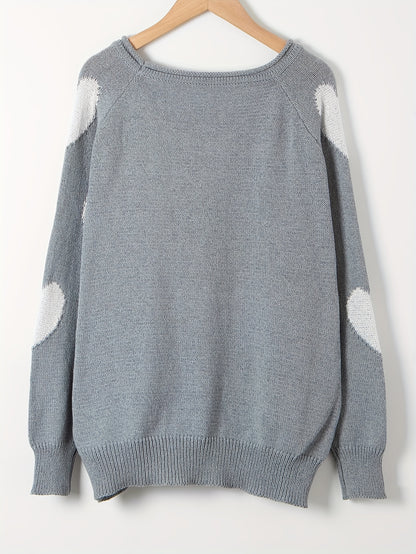 Sixsr Heart Pattern Crew Neck Pullover Sweater, Casual Long Sleeve Raglan Shoulder Sweater, Women's Clothing