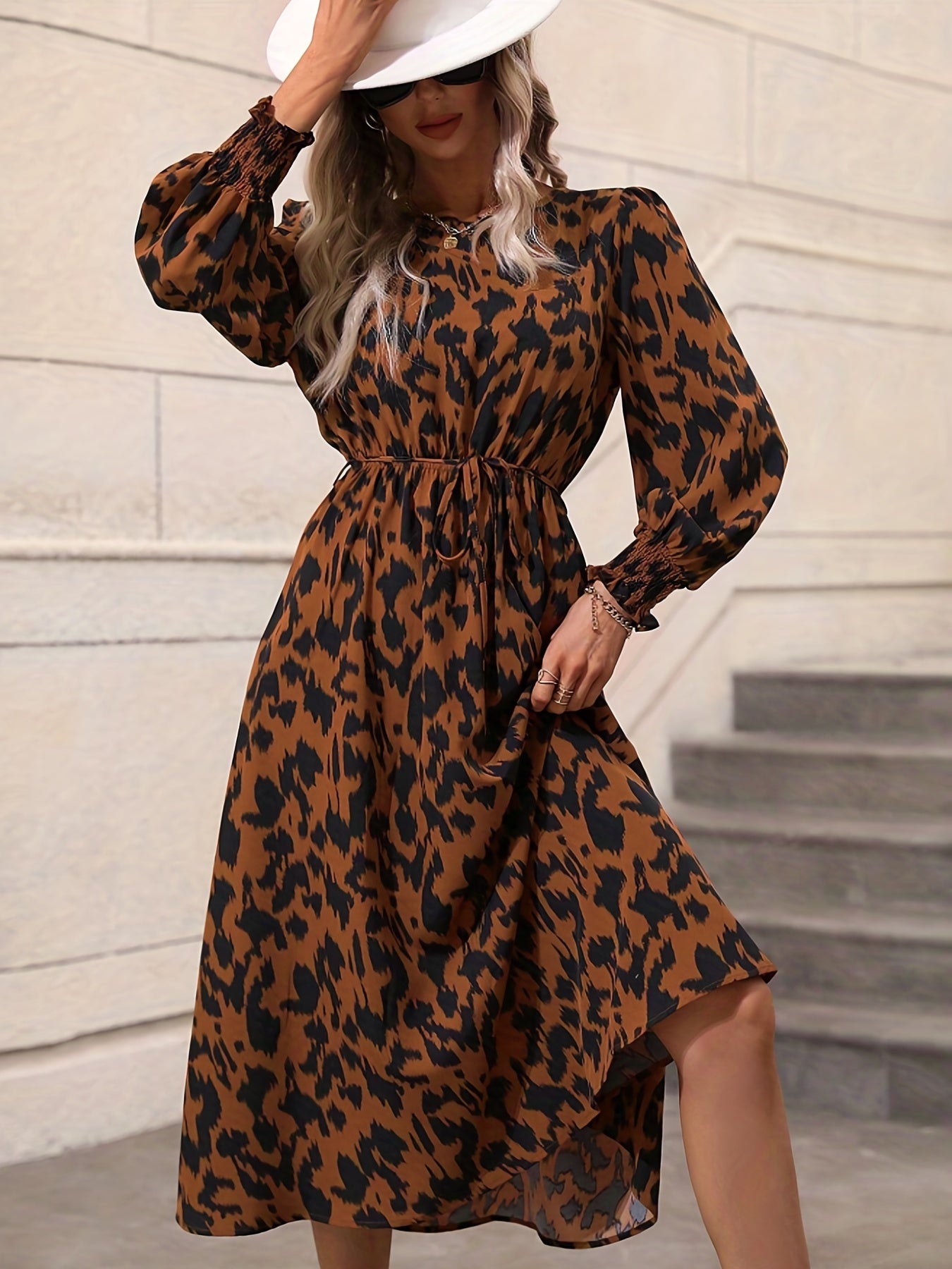 Leopard Print Crew Neck Dress, Elegant Long Sleeve Dress For Spring & Summer, Women's Clothing