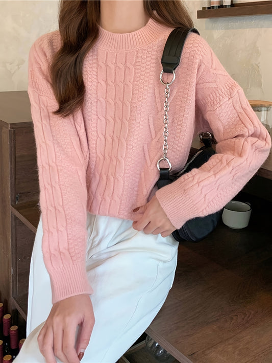 Sixsr Solid Cable Twist Knit Sweater, Casual Long Sleeve Pullover Sweater, Women's Clothing