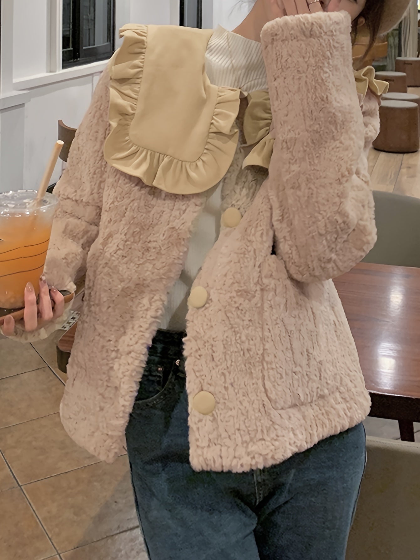 Sixsr Button Front Ruffle Trim Lapel Plush Coat, Long Sleeve Dual Pockets Outerwear For Fall & Winter, Women's Clothing