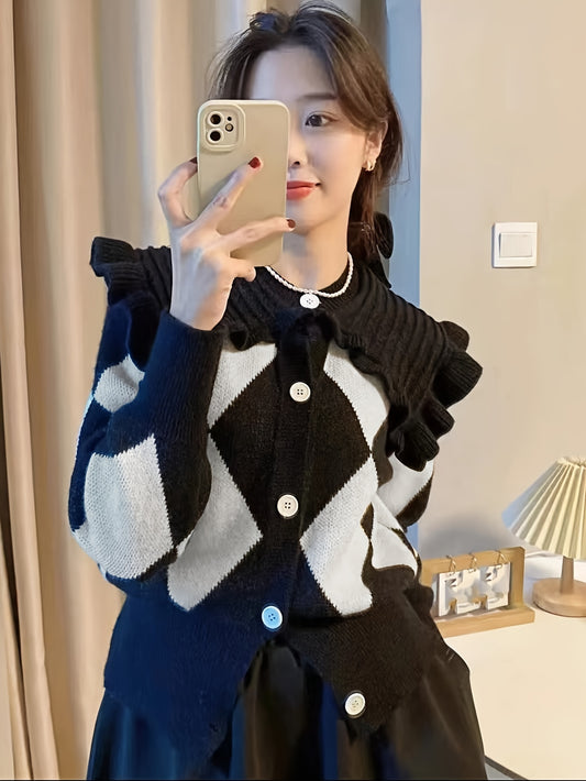Sixsr Argyle Pattern Knit Cardigan, Elegant Button Front Long Sleeve Sweater, Women's Clothing