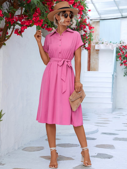 Solid Belted Shirt Dress, Short Sleeve Casual Dress For Summer & Spring, Women's Clothing