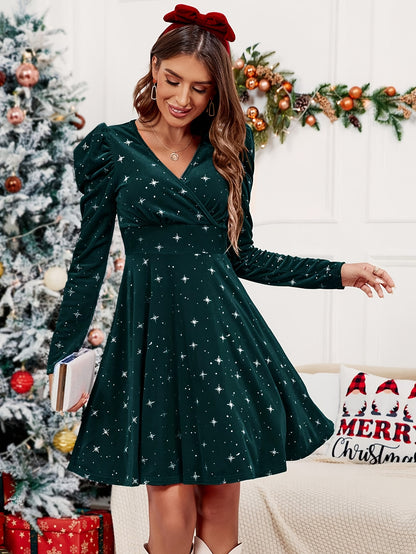 Elegant V-Neck Christmas Star Pattern Dress for Women, Polyester Knit Fabric, Long Puff Sleeve Cross Detail A-Line Skater Dress for Fall/Winter