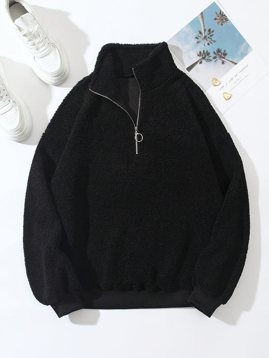 Sixsr Solid Color Quarter Zip Teddy Sweatshirt, Casual Long Sleeve Lapel Sweatshirt For Fall & Winter, Women's Clothing