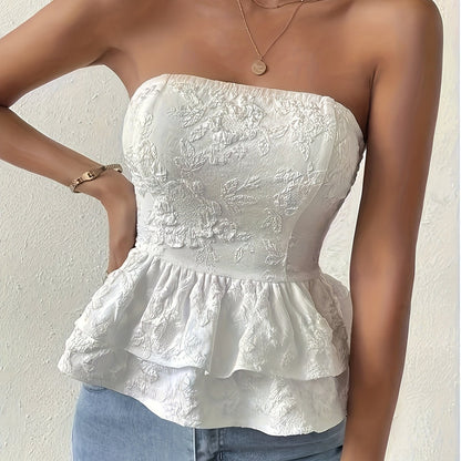 Solid Layered Hem Tube Top, Versatile Tie Back Strapless Top, Women's Clothing