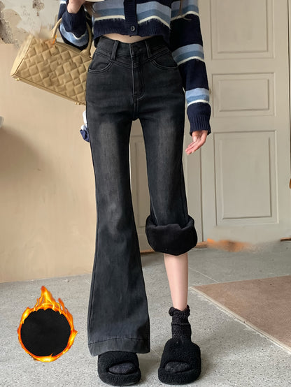 Sixsr Plush Lined Washed Flare Jeans, Keep Warm Stretchy Bell Bottom Jeans, Women's Denim Jeans & Clothing