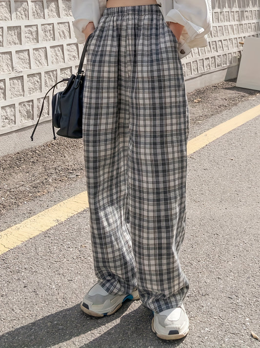 Sixsr Plus Size Casual Pants, Women's Plus Plaid Print High Rise Wide Leg Trousers With Pockets