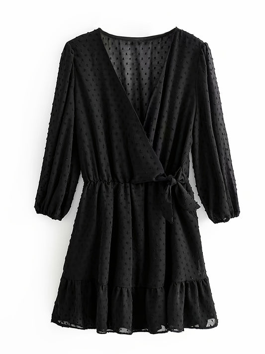 Sixsr Elegant Swiss Dots Ruffle Dress, Lace Up Long Sleeve Loose Slim High Waist Tie Dresses, Women's Clothing