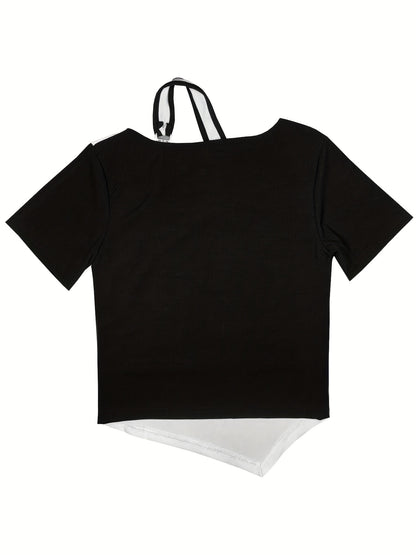 Sixsr  Asymmetrical Fake Two-piece T-shirt, Sexy Chain Crew Neck Short Sleeve T-shirt, Women's Clothing