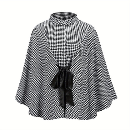 Sixsr Houndstooth Print Cape Top, Casual Tie Front Loose Outerwear, Women's Clothing