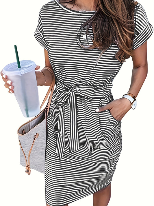 Sixsr Striped Round Neck Slim Dress, Casual Buttons Belt Waist Summer Short Sleeve T Shirt Dresses, Women's Clothing