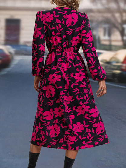 Floral Print Split Dress, Elegant V Neck Long Sleeve Dress, Women's Clothing