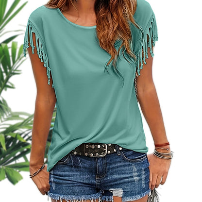 Fringe Hem Solid  T-Shirt, Crew Neck Short Sleeve T-Shirt, Casual Every Day Tops, Women's Clothing