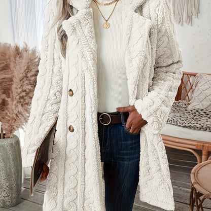 Sixsr Double-breasted Teddy Bear Coat, Casual Thermal Lapel Neck Long Sleeve Plush Jacket For Winter, Women's Clothing