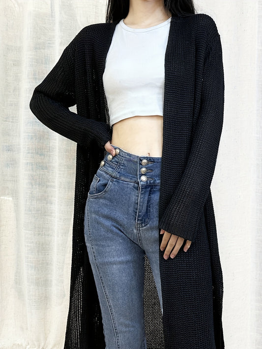 Sixsr Solid Open Front Long Length Cardigan, Y2K Long Sleeve Cardigan For Spring & Fall, Women's Clothing