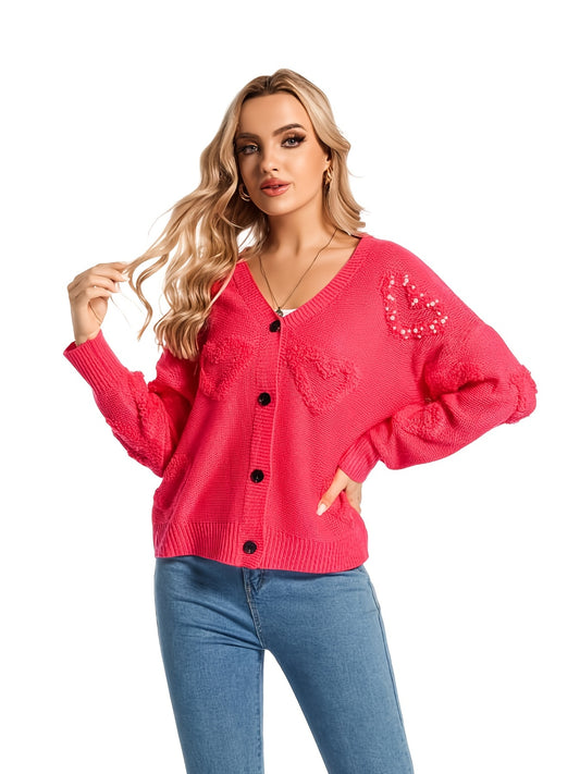 Sixsr Beaded Heart Pattern Knit Cardigan, Casual Button Down Long Sleeve Sweater, Women's Clothing