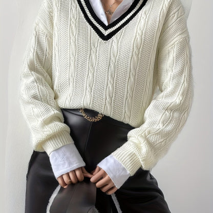 Sixsr V Neck Cable Knit Pullover Sweater, Casual Long Sleeve Drop Shoulder Sweater, Women's Clothing