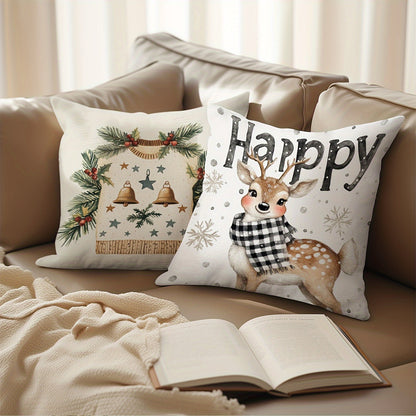 4pcs Festive Christmas Throw Pillow Covers, Contemporary Style, Snowman & Reindeer Print, 100% Polyester, Zipper Closure, Machine Washable, Decorative Cushion Cases for Living Room (No Insert)