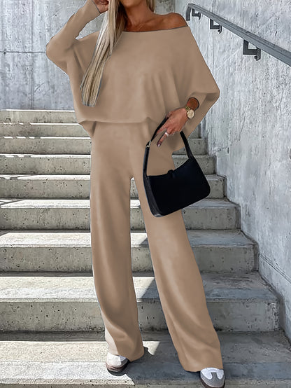 Sixsr Casual Solid Two-piece Set, One-shoulder Loose Top & Wide Leg Pants Outfits, Women's Clothing