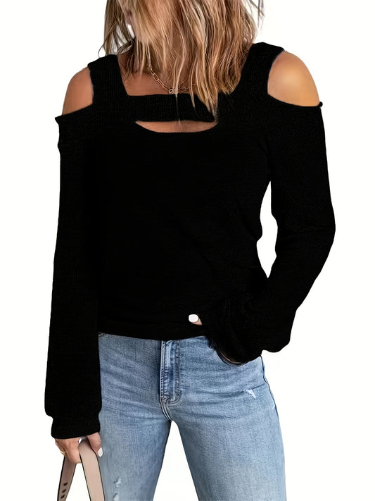 Sixsr Plus Size Cold Shoulder Cut Out Long Sleeve Tee, Women's Plus High Stretch Sexy Top