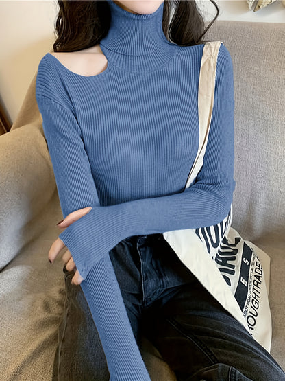 Sixsr Solid Turtle Neck Rib Knit Top 5 Pack, Elegant Cut Out Long Sleeve Slim Sweater, Women's Clothing