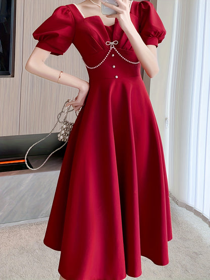 Sixsr Tucked Puff Sleeve Solid Dress, Elegant High Waist Party Midi Dress, Women's Clothing