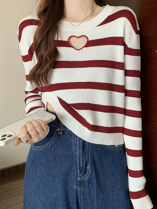 Women's Striped Crew Neck Cut Out Sweater - Comfortable and Stylish Long Sleeve Sweater for Spring and Fall