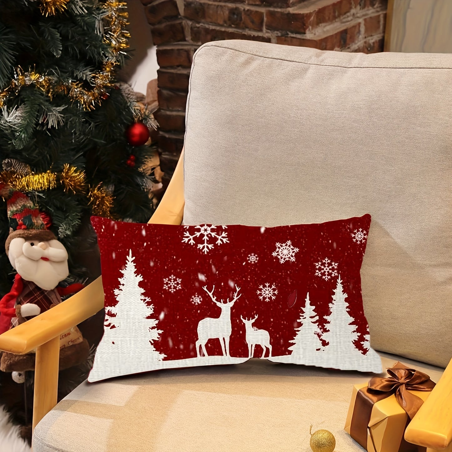 2PCS Festive Christmas Throw Pillow Covers - Red Snowflakes, Moose & Reindeer Design, Winter Christmas Farmhouse Home Decor, 18X18 inches, No Inserts Included