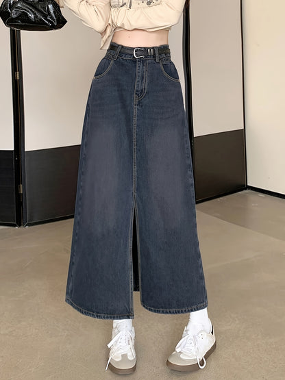 Sixsr High Waist Split Denim Maxi Skirt, Slant Pockets A-Line Washed Denim Skirt, Women's Denim Clothing