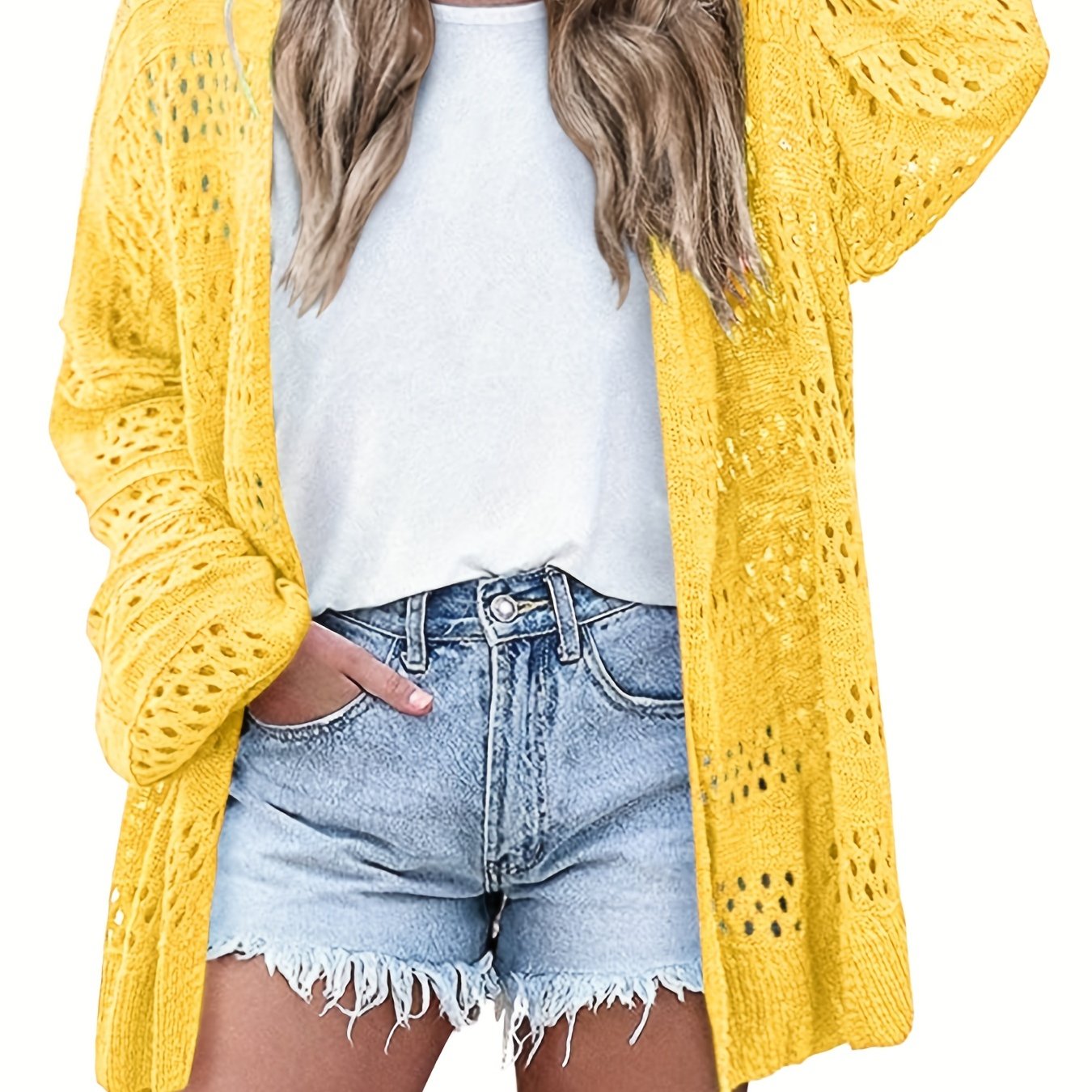 Cut Out Crochet Cardigan, Casual Beach Wear Long Sleeve Cardigan, Women's Clothing